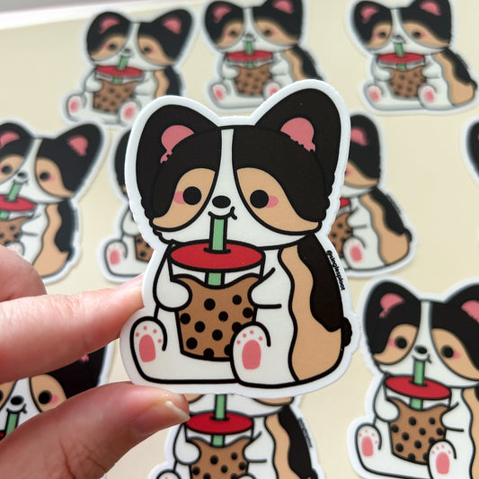Tri-Colored Boba Corgi Sticker