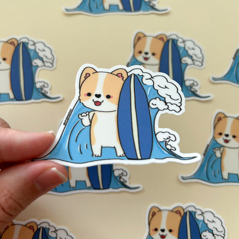 Hang Loose Surfboard Corgi Sticker