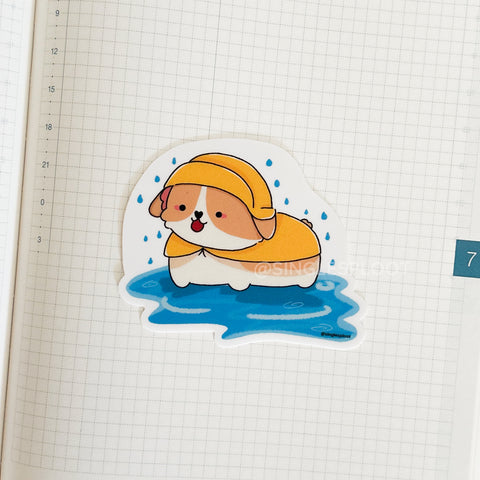 Playing in the Rain Corgi Sticker