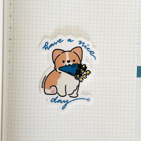 Have A Nice Day Flower Red Corgi Sticker