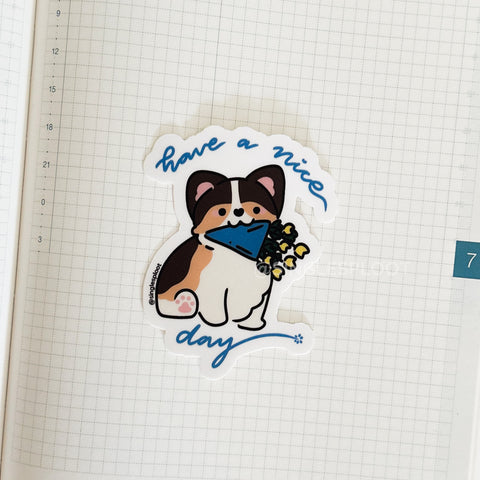 Have A Nice Day Flower Tri Corgi Sticker