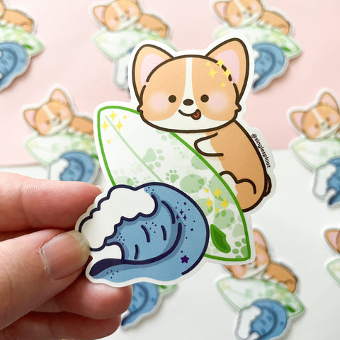 Surfs Up Surfboard Corgi Sticker