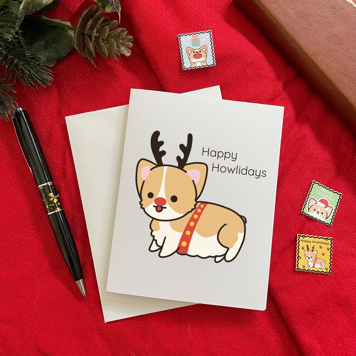 Happy Howlidays Red Reindeer Corgi Holiday Greeting Card
