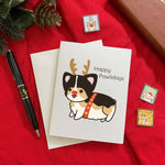 Happy Pawlidays Tri Reindeer Corgi Holiday Greeting Card